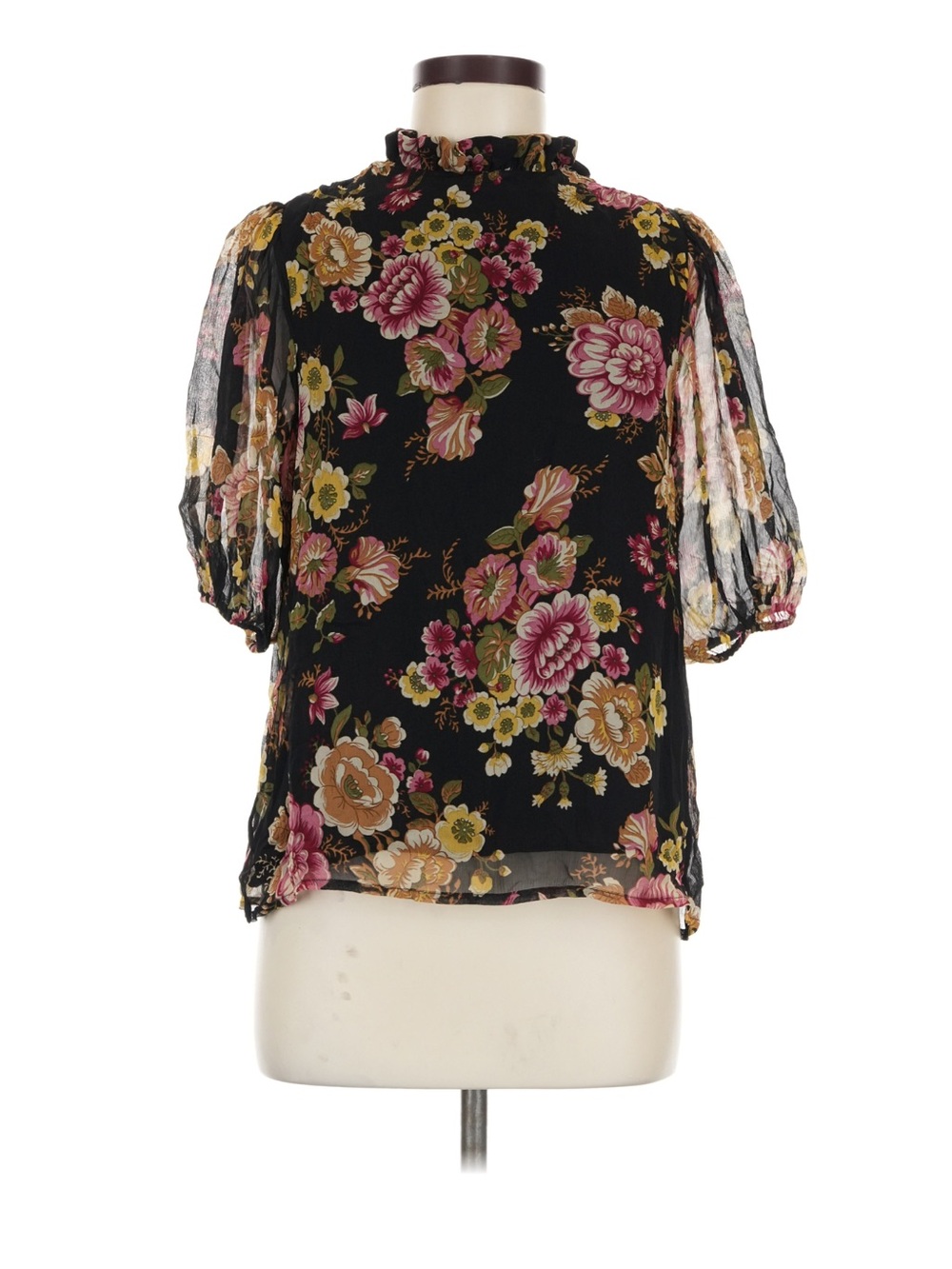 Sezane Black Floral Puff-Sleeve Mock Neck Blouse